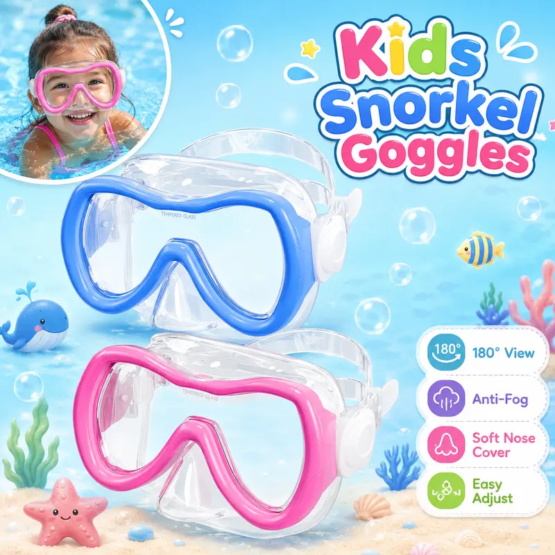 Aegend Unisex Kids' Swim Glasses - Adjustable Fit, Anti-Fog Tempered Glass Lenses, Leakproof Silicone Skirt Seal, Nose-Friendly Cover, Impact-Safe Film, 0 Diopter Snorkel Goggles Accessory