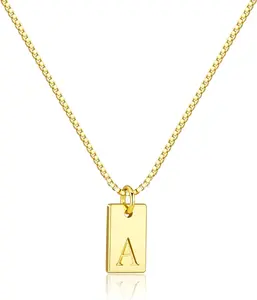 Dainty Initial Necklace for Women – 14K Gold Silver Plated Letter Pendant, Trendy Waterproof Non-Tarnish Personalized Name Tag Charm Necklace, Cute Square A-Z Jewelry Birthday Gift for Women