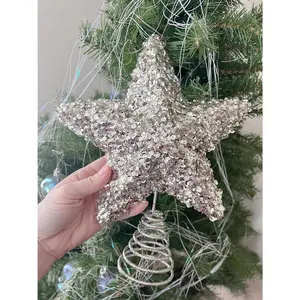 Small Glitter & Sequin  Tree Topper Christmas Decorations 9" W x 10" H, Champagne