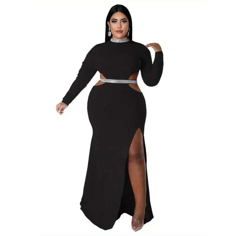 Plus Size - Plus Size Women'S Elegant Sexy Waist-Baring Slit Dress - Emerald Green Asymmetrical Hem Long Formal Party Dress with V-Neck & Slit Back, Floor-Length Winter Evening Gown for Women, Non-Stretch Elegant Party Outfit