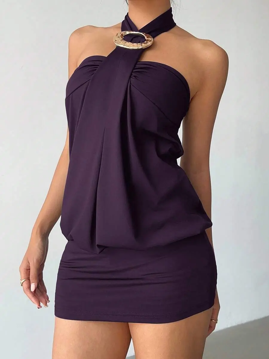 Aloruh Women's Y2K Avant-Garde Sexy Tight Bandeau Metal Button Decoration  Halter Mini Super Short Dress,Club Outfits Women Sexy,Boho Clothes Women -  TikTok Shop