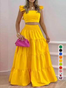 women's solid color / floral print shirred top & long skirt two-piece set, boho fashion casual top & skirt for daily holiday vacation wear, ladies for summer, womenswear