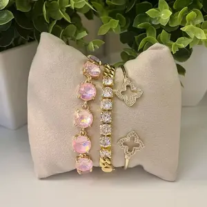 Bracelet Stack Includes CZ Front Cuban Link Bracelet with Front Lobster Claw Closure, Clover Pave Cuff Bracelet and Tennis Bracelet - Gold-Tone, Rhinestone Accents, Elegant Design