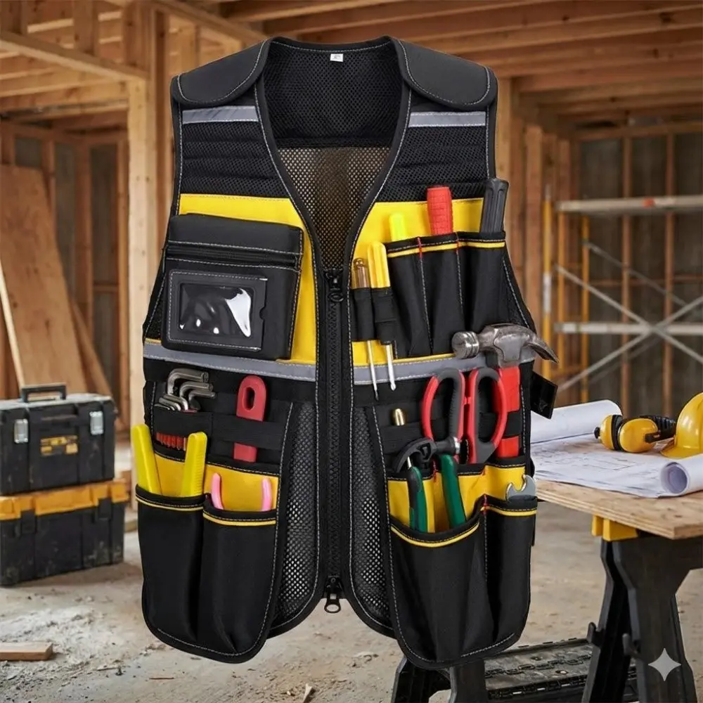 Multifunctional Reflective Work Vest: Durable, Breathable & Water-Resistant Tool Organizer for Construction, Electricians, Carpenters, Auto Mechanics, Gardening & Outdoor Jobs. Heavy-Duty Safety Gear with Multiple Pockets.