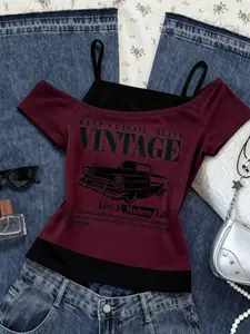 Women's Vintage Gothic Punk Style Graphic Print Short Sleeve Spaghetti Strap Fitted Two-Piece T-Shirt, Soft Streetwear Shirt with Guitar Design, All-Season Everyday Casual Top, Washable