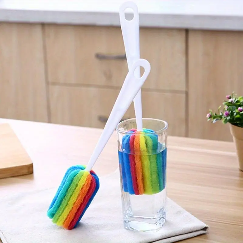 5Pcs Rainbow Sponge Brush Water Bottle Cup Mug Glass Washing Sponge Cleaning Brush Scrubber with Handle Cleaning Utensils