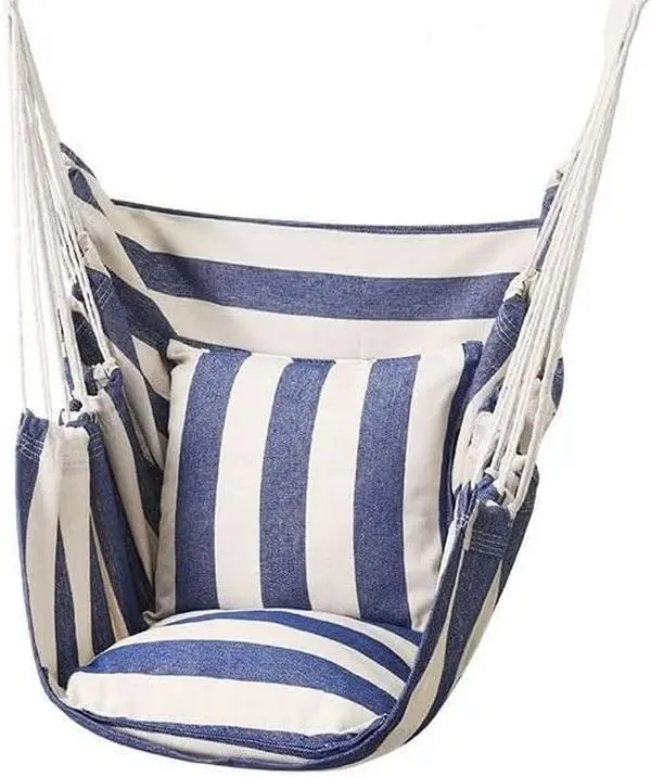 Hammock Chair Large Hanging Rope Swing Seat Chair 350 Lbs Comfortable for Indoor/Outdoor Use Blue and White Striped Design for Home Lounge Aesthetic