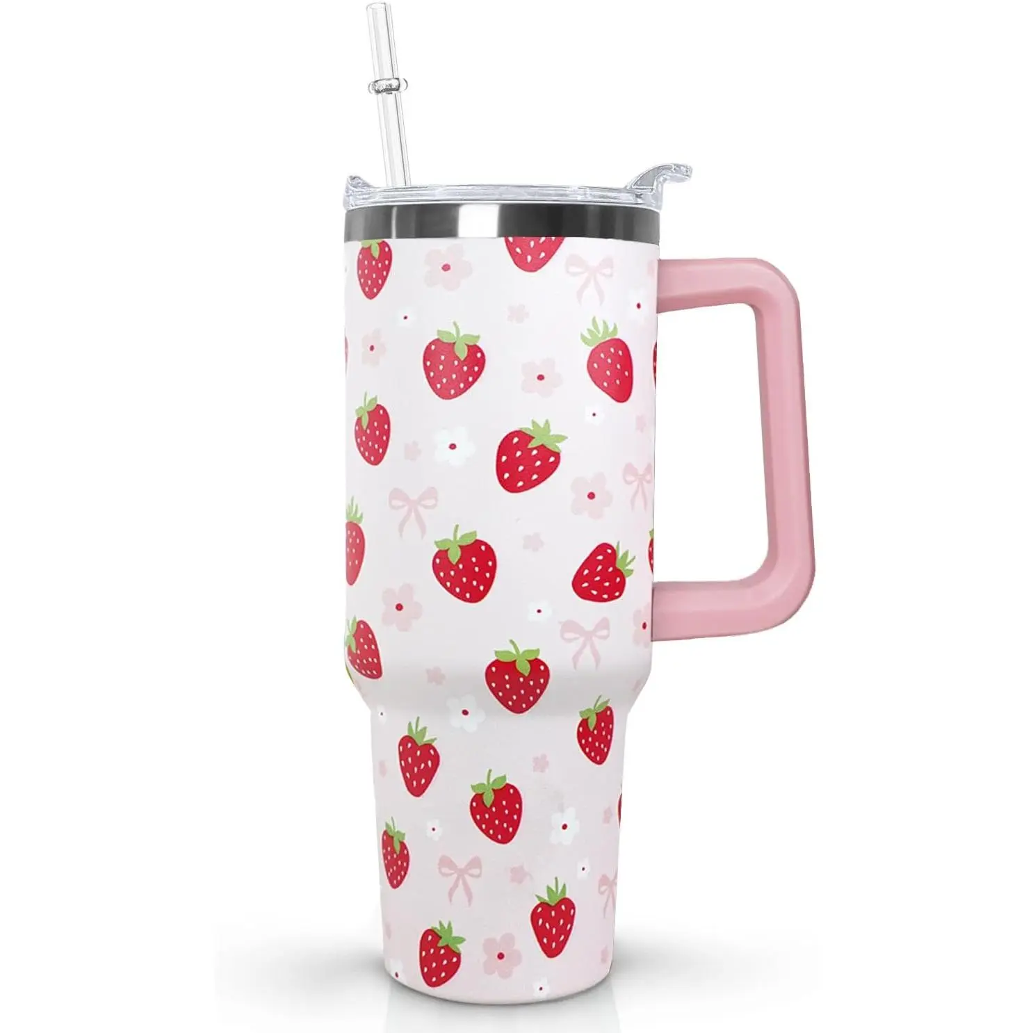 Ceovfoi 40oz Portable Transparent Strawberry-Themed Cartoon Custom-Printed Water Bottle Tumbler with Handle, Lid, Straw - Beverage Accessory for Mom, Dad, Best Friend, Teen Girls, Women's Birthday Gift, Kitchenware