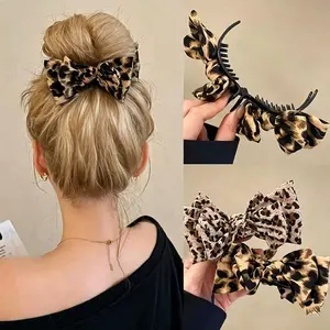 2Pcs/Set Vintage Leopard Print Bow Banana Hair Clips for Women, Fabric Bow Jaw Barrettes, Retro Plastic Hair Accessories for Daily Commute, Party & Halloween Holiday Outfit