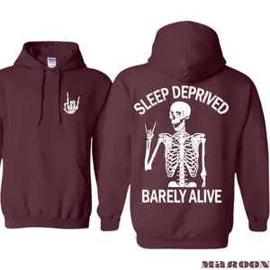 Sleep Deprived Barely Alive Hoodie – Funny Skeleton Graphic Pullover Hoodie, Dark Humor Goth Streetwear Hoodie Gift for Night Owls and Gamers