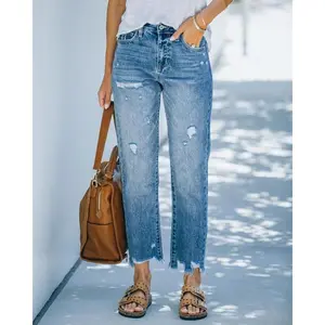 2025 New Arrival Light Blue with Holes Casual Cropped Straight Washed Jeans Women Womenswear Bottom Streetwear Pants Denim Comfort Fit Elegance