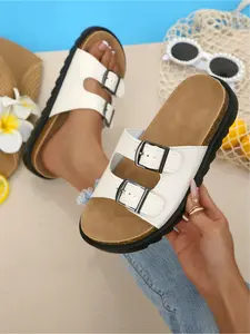 Women's Plus Size New Hollowed-Out Buckle Decorated Round-Toe Flat Sandals for Outdoor Wear, Fashionable, Simple, Comfortable, Daily Lightweight Casual Flat Sandals, Adjustable Strappy Sandals, Footwear