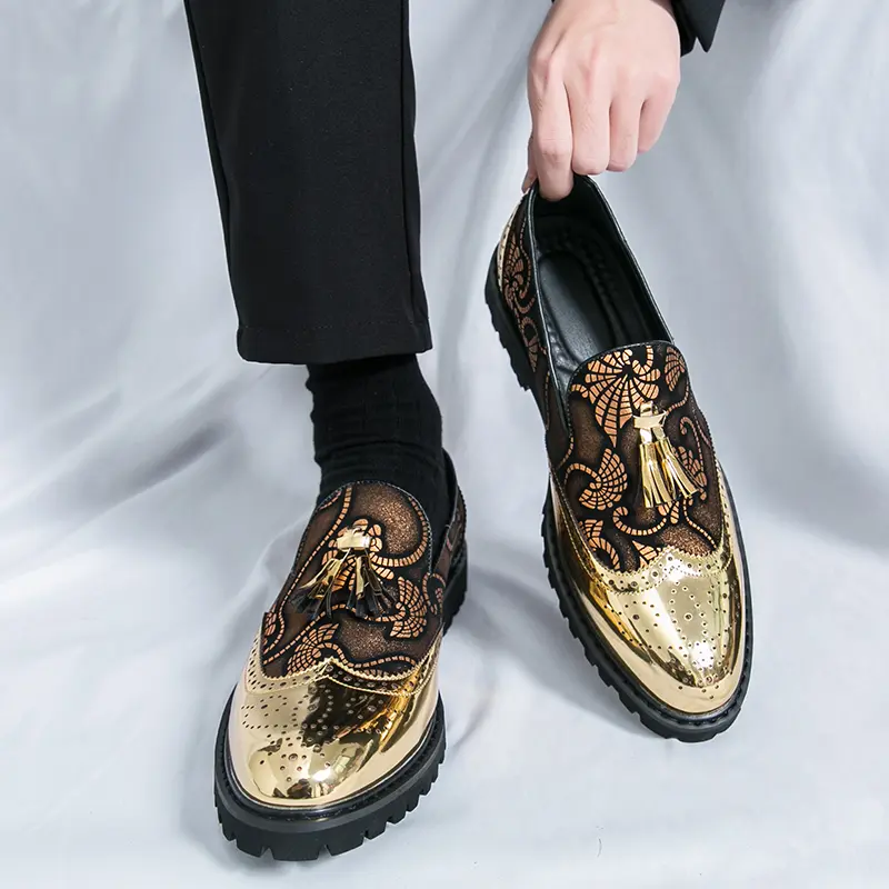 Gold Embossed Floral Pattern Loafers for Men - Stylish and Comfortable Footwear with Unique Design