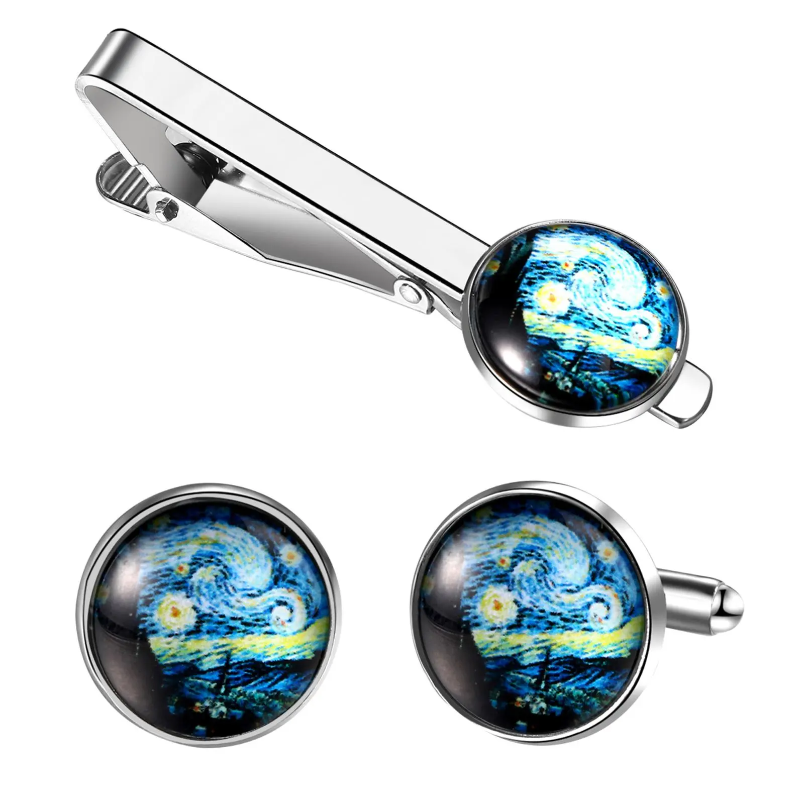 OIDEA Cuff Links and Tie Clip Set for Men, Elegant Formal Alloy Accessories with Classic Van Gogh Starry Night Art, Anniversary Birthday Gift, Male, Cufflinks, Father's Day, Artistic Look, Van Gogh Print, Jewelry Sets, Epoxy Finish, Epoxy Resin Art
