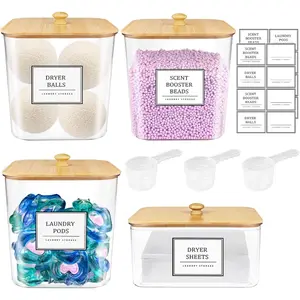 3+1 Pack Laundry Pods ContainerClear Laundry Room Organization Containers Large Laundry Detergent Powder Storage Containers with Wooden Lids Labels Laundry Pods Holder for Scent Booster Powder Pods