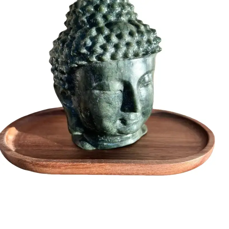 Green Jade Buddha Head Home Decor Meditation: Elegant Natural Jade Religious Ornaments with Simple Wood Base & Blissful Crystals Enhancer