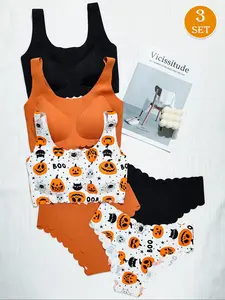 Women's Halloween Print Bra Set, Pumpkin Skull Spider Web Design, Breathable Quick-Dry Ice Silk Seamless Underwear for Yoga & Sports