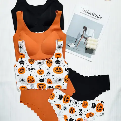 Women's Halloween Print Bra Set, Pumpkin Skull Spider Web Design, Breathable Quick-Dry Seamless Underwear for Yoga & Sports