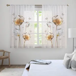 Floral Pattern Curtain, 2 Counts/set Exquisite Elegant Short Curtain, Window Curtain for Kitchen Bathroom Small Half Window