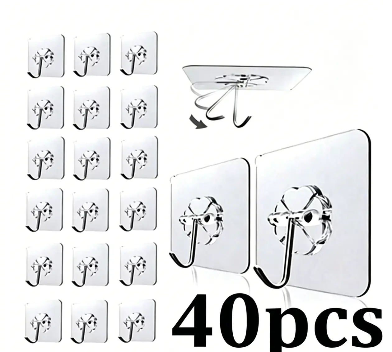 40-Pcs Heavy Duty Adjustable Stainless Steel Adhesive Wall Hooks Set - No-Punch, No-Nail, Damage-Free, Waterproof, Colorfast, Smooth Sticky Hangers, 33lbs Max Load, Easy Installation, Home Organizer for Bathroom, Plant Hanging, Decoration