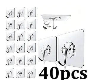 Heavy Duty Adhesive Wall Hooks Set (Buy 20 Get 20 Free, 40pcs) - Hangable, No-Punch No-Nail, Damage-Free Waterproof Sticky Hangers, 33lbs Max Load, Easy Installation, Home Organiser & Decoration for Bathroom, Kitchen, Plant/Wooden/Stainless Steel Surfaces