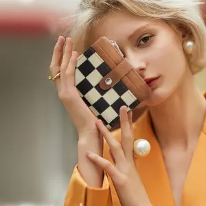 Cute Slim Checkered Wallet Canvas Card Holder Front Pocket brown Small Credit Card Case for Women with 1 ID Window & 7 Credit Card Case & 1 Cash Slot & 1 zipper Pocket