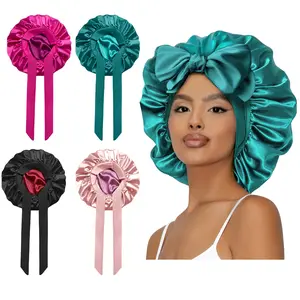 SeSe Code Fashion Double Layer Satin Sleep Bonnet Adjustable Straps Satin Lined Hair Bonnet with Tie Band Bonnets for Women Natural Curly Hair