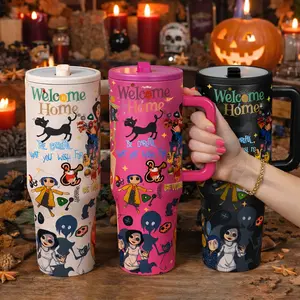 AuraCup 1pc 40oz Coraline Durable Insulated Tumbler with Handle and Lid, Spooky Cat Pattern Stainless Steel Mug, Double Wall Vacuum Cup Keeps Cold 12 Hours Hot 6 Hours, Large Capacity Coffee Water Bottle for Halloween Gift, Daily Use