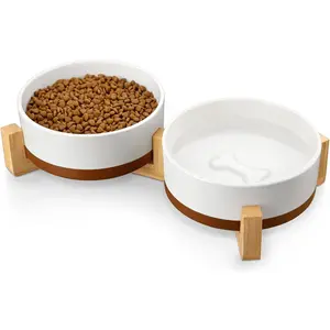 Ceramic Dog Bowls Set with Wood Stand, 3.5 Cups Pet Bowls for Medium Dogs with Non-Slip Base, Large Puppies, Cats, Retrievers, ect.Pet Food & Water Basic B