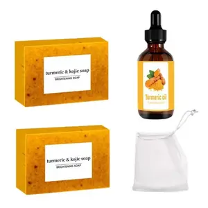 4 Piece Turmeric Vitamin C Brightening Soap Essential Oil Skincare Set, Includes Soap Bag, Unisex Facial Bath Combo, Gentle Moisturizing Cleansing