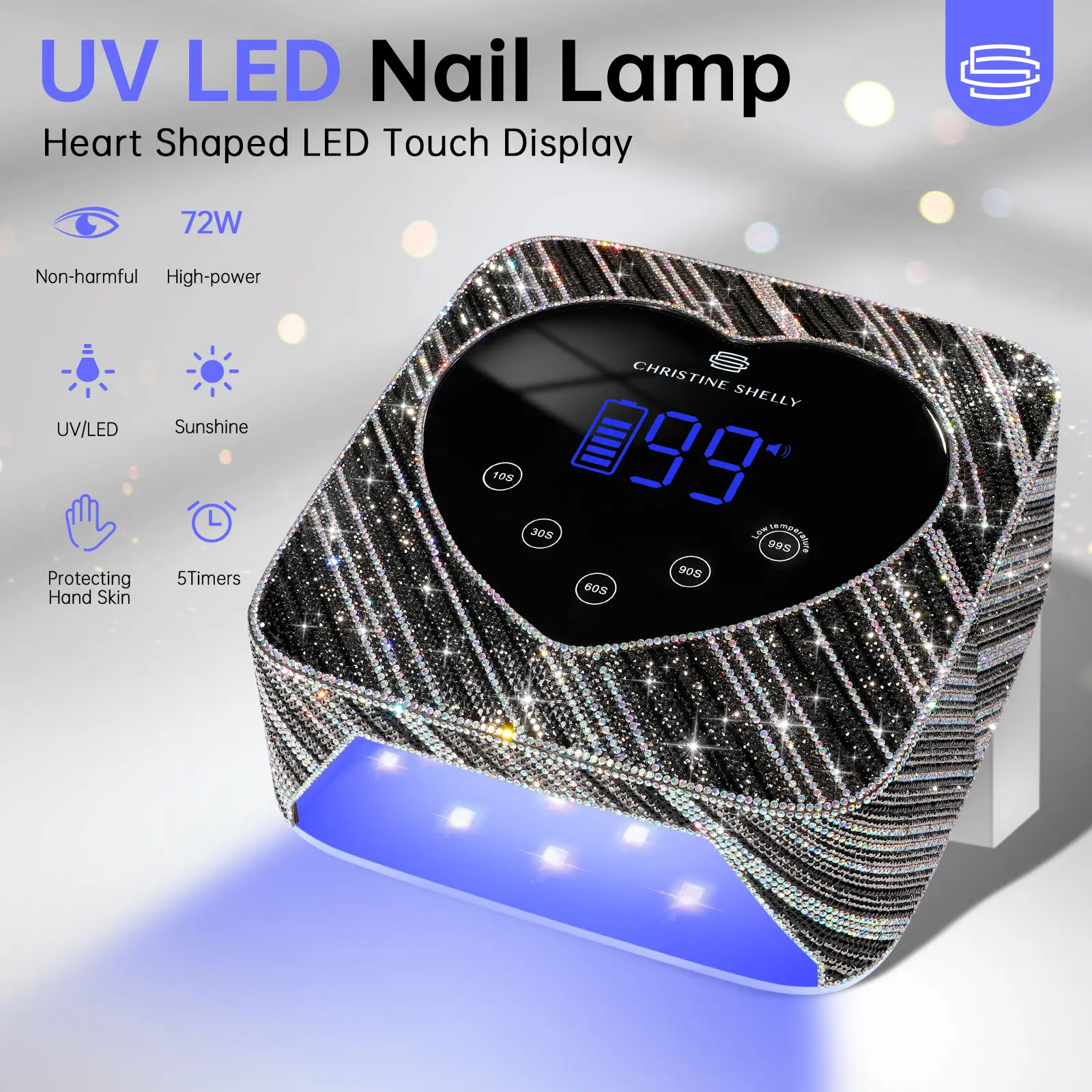 CHRISTINE SHELLY UV LED Nail Lamp Light Rechargeable, 72W Nail Dryer for gel x with LCD Display, Auto Sensor and 5 Timer Settings, Professional Nail Polish Curing Lamps with 30 LED Beads for Salon and Home