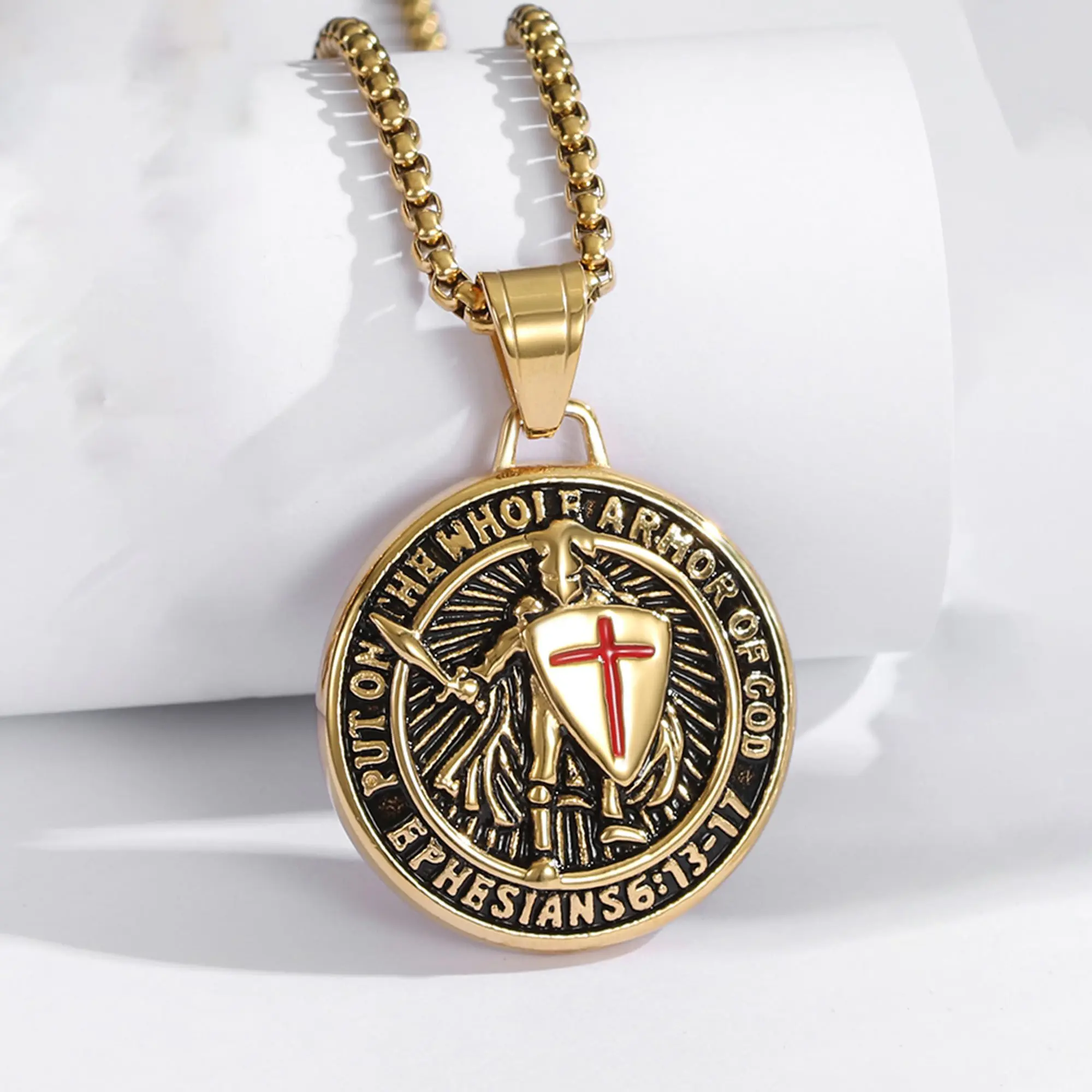 Unisex Armor of God Red Cross Design Stainless Steel Necklace - Religious Amulet, Ephesians 6:13-17, Gold Plated Pendant, Fashion Jewelry Bag Accessory, Knight's Protection Necklace, Birthday/Valentine's Day Gift with Maintenance Tips