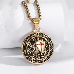 Armor of God Red Cross Design Stainless Steel Necklace for Men,Religious Amulet, Ephesians 6 13-17