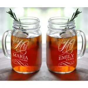 MRS and MRS Personalized Lesbian Wedding Mason Jar  Set of 2 Engraved Her Anniversary Gift Favor Idea Girlfriend Toasting Glass Civil Union