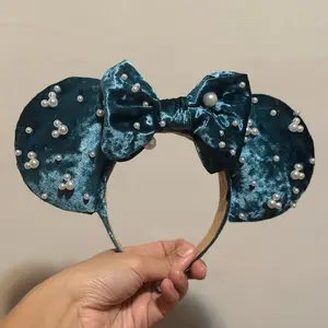 Teal velvet mouse ears with pearls