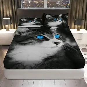 3Pcs Cat Blue Eye Night Fitted Sheet Three Piece Set (1*Fitted Sheet+2*Pillowcases, Coreless), Animal theme, Cat Bedding Set, Mattress protector Soft, Breathable