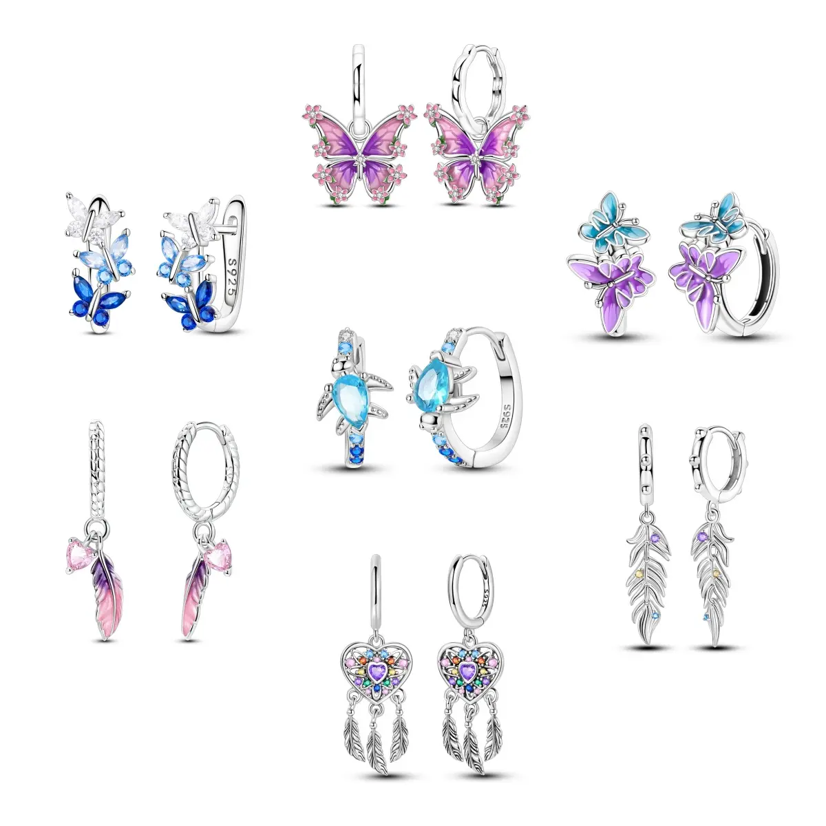 MULA Pretty Stud Earrings for Women, White Gold & Silver-Plated Jewelry with Zirconia Butterfly, Feather & Heart Charms, Hypoallergenic Lucky Energy Gift for Anniversary, Pretty Studs, Mother's Day, Insect