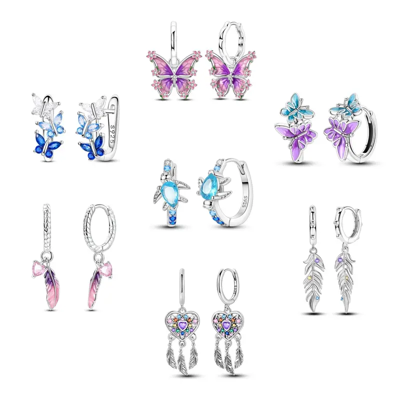MULA Pretty Stud Earrings for Women, White Gold & Silver-Plated Jewelry with Zirconia Butterfly, Feather & Heart Charms, Hypoallergenic Lucky Energy Gift for Anniversary, Pretty Studs, Mother's Day, Insect