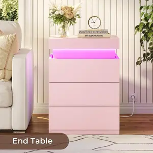 Sikaic Nightstand with LED Lights Charging Station Pink Modern Bedside Table with 3 Storage Drawers and Top Sliding Drawer