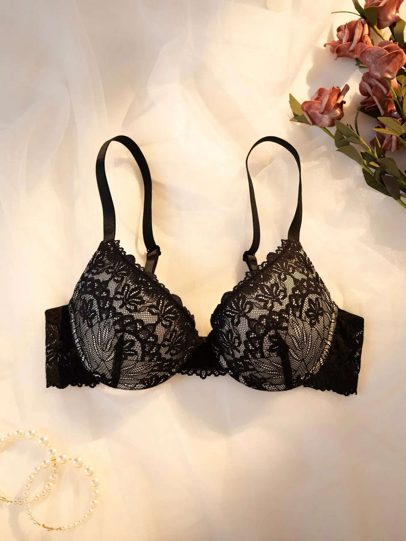 1pcs-Women's Floral Lace Push-Up Bra, Padded Underwire Plunge Bra with Adjustable Straps