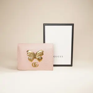 Pre-owned GUCCI leather Small Leather Goods GG Pink Butterfly Card Case Wallet