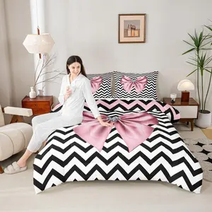 Pink Bow Comforter Set,Wavy Stripes Bedding Set for Kids Teens Girls Adult Room Decor,Geometric Quilt Set,Black Duvet Insert