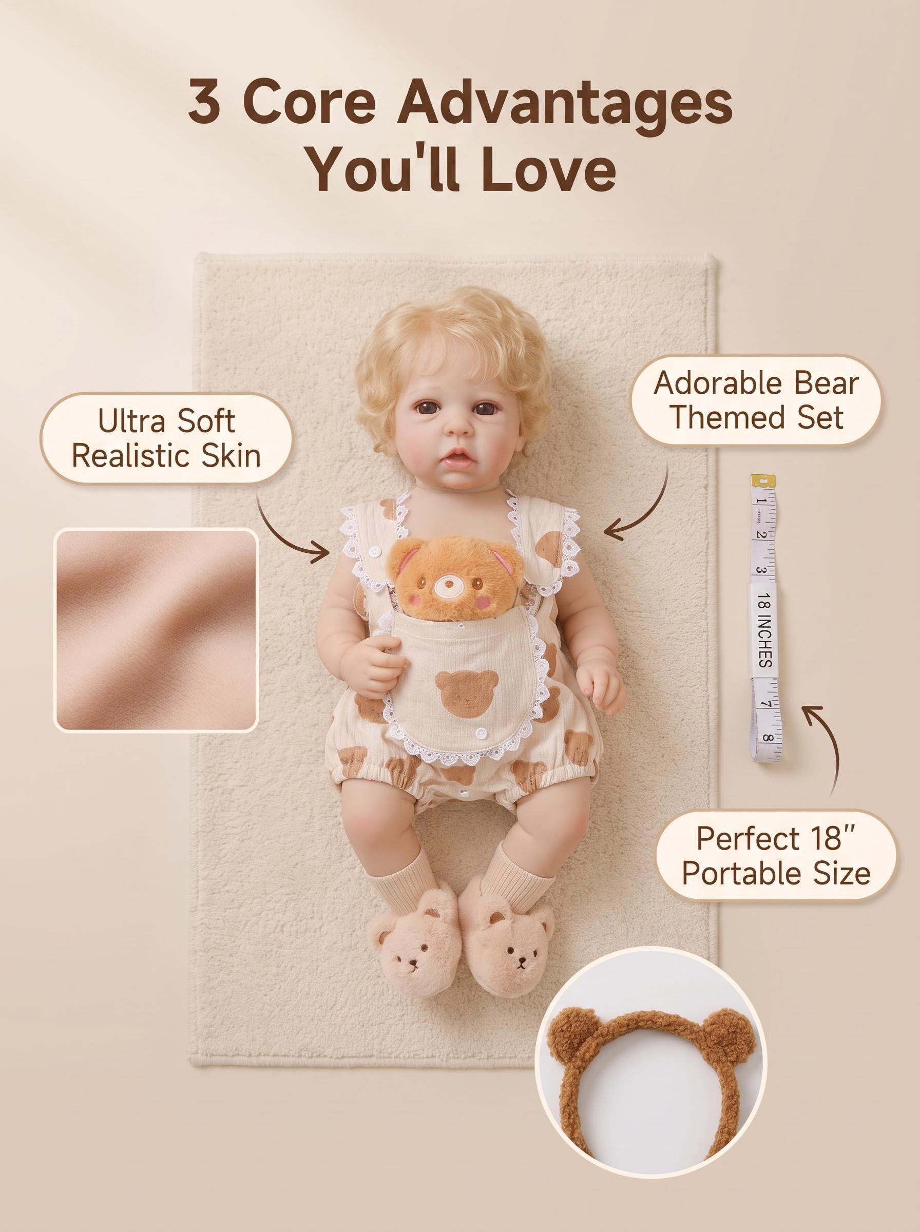 18 Inch Full Body Vinyl Open Eyes Reborn Baby Doll, Khaki Sleeveless Bear Pattern Romper with Lace Trim, Bear Ear Headband & Bear Socks, Reborn Doll CPC Certified Realistic Reborn Baby Doll, Christmas Gift,  Handmade, Collectible, Toy, Gift for Girls