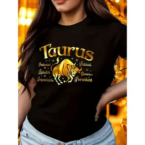 Taurus Graphic Women’s Black Short Sleeve Cotton T-Shirt, 180g Round Neck Zodiac Sign Printed Tee, Casual Astrological Fashion Outfit with Golden Bull Design for Dependable and Persistent Traits