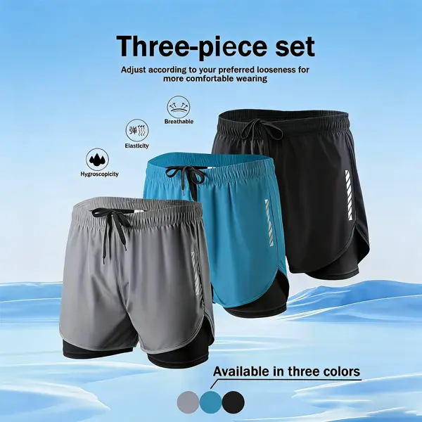 Men's 2-in-1 Double Layer Activewear Shorts (3pcs) - Breathable Soft, Quick Dry Athletic Performance Shorts for Gym/Running, Basketball/Cycling
