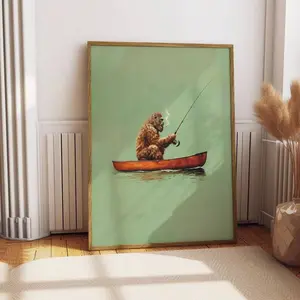 Vintage Sasquatch Fishing in Canoe Poster - Funny Retro Animal Print, Graphic Photo, Artistic Vivid Colors Room Wall Decor, Outdoor Sports Fisherman Illustration, Dad Gift