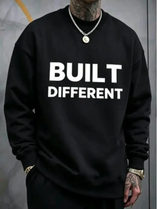 Men’s graphic sweatshirt, crewneck/hoodie optional, oversized streetwear pullover in large sizes, bold “Built Different” print top for the back-to-school season, vintage loose-fit casual long-sleeve hoodie for men