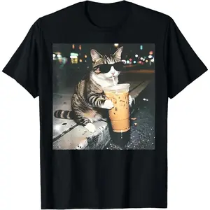 100% CottonFunny Cat Drinking Iced Coffee Funny Cat Lover Animal Meme T-Shirt