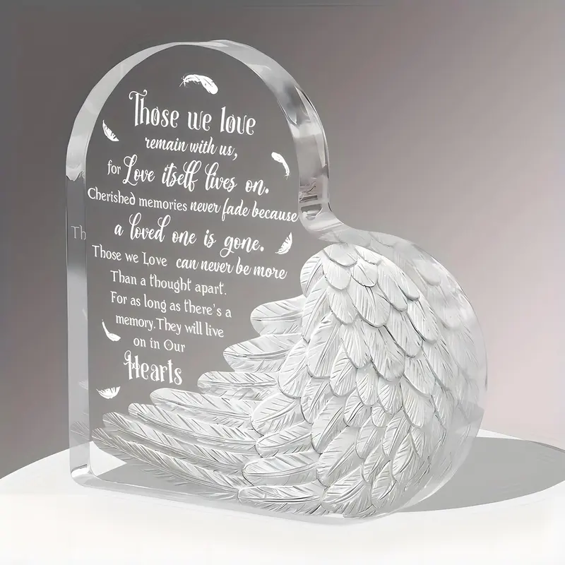 Angel Wing Design Acrylic Ornament, 1 Count Memorial Gift, Artificial Feather Figurine Desktop Decoration for Home Office, Aesthetic Room Decoration, Home Decor, Decorative Plaque, Gift for Friend & Family, Acrylic Plaque Decor, Home Decor Aesthetic