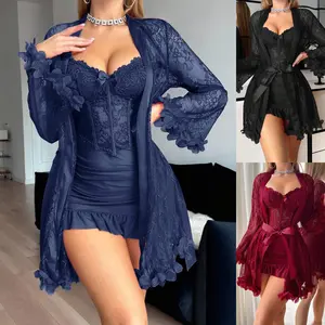 Women's Lace Pajama Set: Robe with Adjustable Crisscross Straps & Boning Waist, Matching Lace Trim Nightwear, Lightweight Home Loungewear